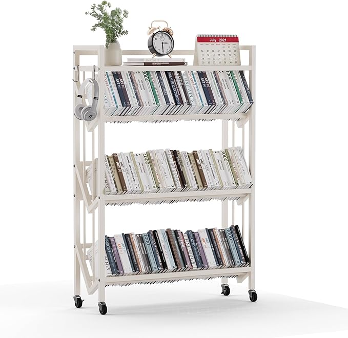 Book Carts 4 Tier 46.5x35.4x9.84 in Rolling Book Cart Large Capacity Bookshelf Storage Rack Mobile Book Storage with Wheels Cart for Home Office Living Room Classroom (White)