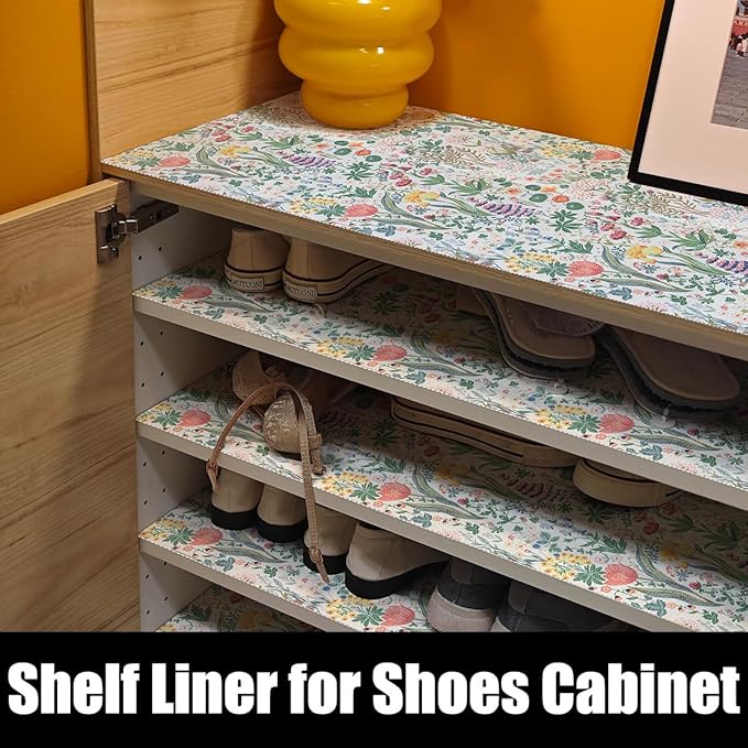 Floral Shelf Drawer Liners, 16IN x 10FT Non Adhesive and Strong Non-Slip Colorful Cabinet Drawer Shelf Liners for Kitchen Wire Fridge, Waterproof Cabinet Liner,Easy to Clean