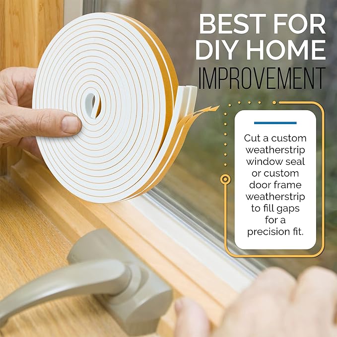 High Density Foam Weather Stripping Door Seal Strip Insulation Tape Roll for Insulating Door Frame, Window, Air Conditioner | Self Adhesive Sealing Weatherstrip (White, 1 in x 1/4 in x 30 Ft)