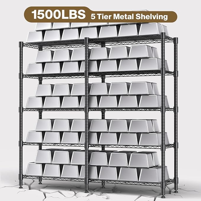 Himimi Storage Shelves-5 Tier Heavy Duty Wire Shelving Unit with Leveling Feet, 1500LBS Adjustable Metal Shelves Organizer for Kitchen Garage Pantry Laundry, 60" W*14" D*72" H, Black