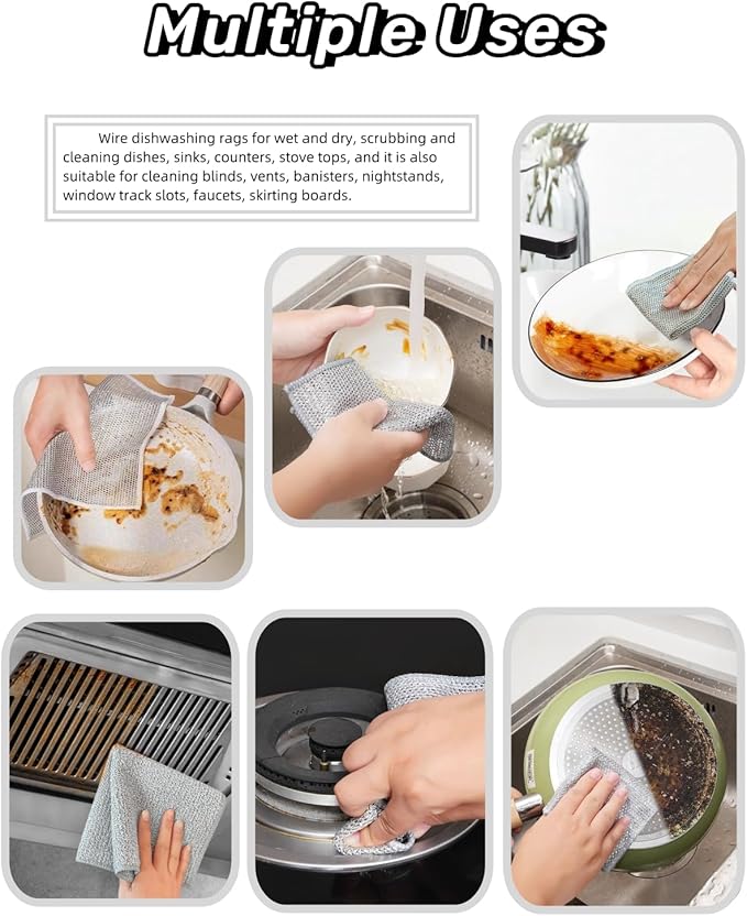 Stainless Steel Scrubber and Cleaning Rags - Non Scratch Wire Dishcloth for Washing Dishes, Steel Wool Scrubber and Dish Towels for Kitchen (6PCS)