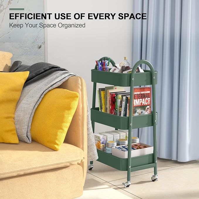 EAGMAK 3 Tier Utility Rolling Cart, Metal Storage Cart with Handle and Lockable Wheels, Multifunctional Storage Organizer Trolley with Mesh Baskets for Kitchen, Living Room, Office, Garage (Jungle)