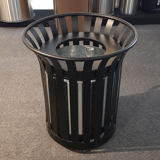 Outdoor Metal Slatted Trash Receptacle,Waste Receptacle，Commercial Trash Cans,Zone Round Garbage Bin,Square Hotel Street Patio Indoor Metal Stan (Large - Black)
