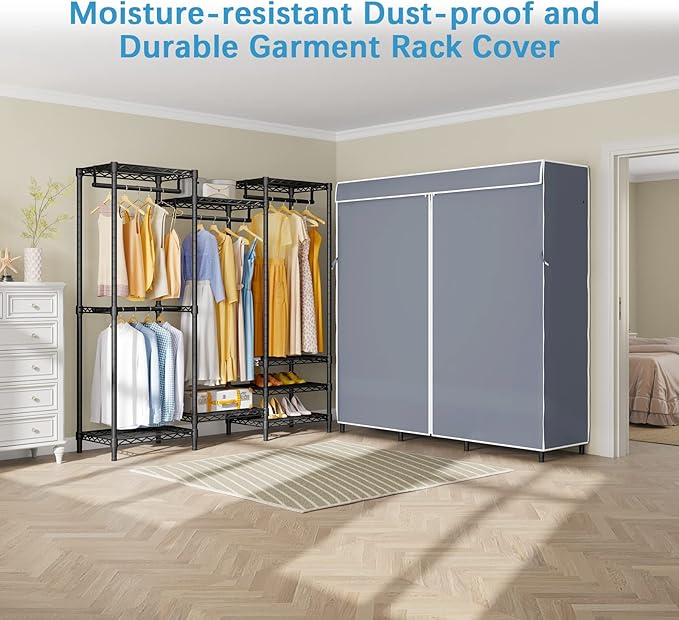 VIPEK V5C Covered Clothes Rack Heavy Duty Portable Closet Wardrobe, Freestanding Black Metal Clothing Rack with Grey Oxford Fabric Cover, Adjustable Custom Closet Rack, 57.9" Lx17.3 Wx76.4 H (Medium)