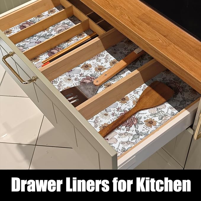 Floral Drawer Shelf Liners, 16IN x 10FT Non Adhesive and Strong Non-Slip Cabinet Drawer Shelf Liners for Kitchen Wire Fridge, Waterproof Shelf Liner,Easy to Clean