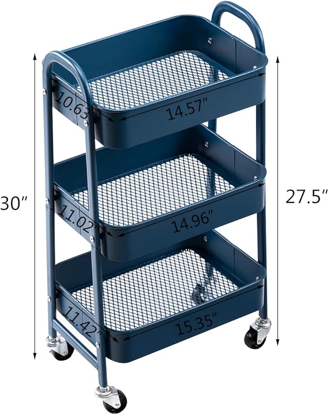 AGTEK Makeup Cart, Movable Rolling Organizer Cart, 3 Tier Metal Utility Cart,Navy Blue