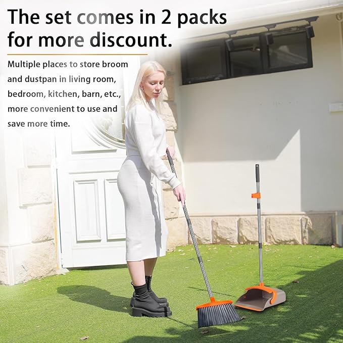 2-Pack is More economical，Upgraded Upright Broom and Dustpan Combo with 52" Long Handle, Dustpan Teeth with self-Cleaning Function, Indoor and Outdoor Sweeping, Perfect for Home Office