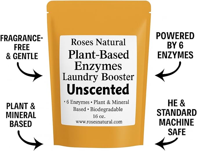 Natural Enzyme Laundry Booster – Unscented | 6 Enzymes | Fragrance-Free | Biodegradable | HE Safe, for Sensitive Skin, Eco-Friendly Laundry Additive | 16 oz | Made in USA