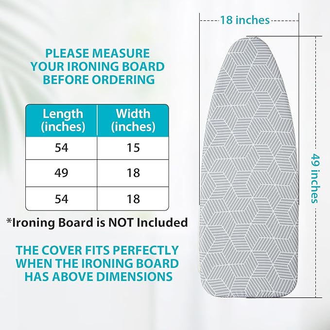 Wide Ironing Board Cover with Padding 18 x 49 inch Heat Reflective with Hook and Loop Fasteners, Thick Padding with Elasticized Edges, 3 Layers Iron Board Cover (Gray Cube)