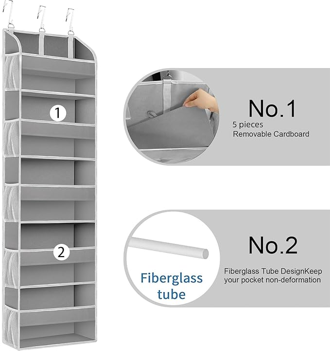 2 Pack Over The Door Storage Organizer with 5 Pockets 10 Mesh Side Pockets, 44 lbs Weight Capacity Door Hanging Organizers and Storage for Bedroom,Bathroom,Nursery,Pantry,Dorm(Light Gray)