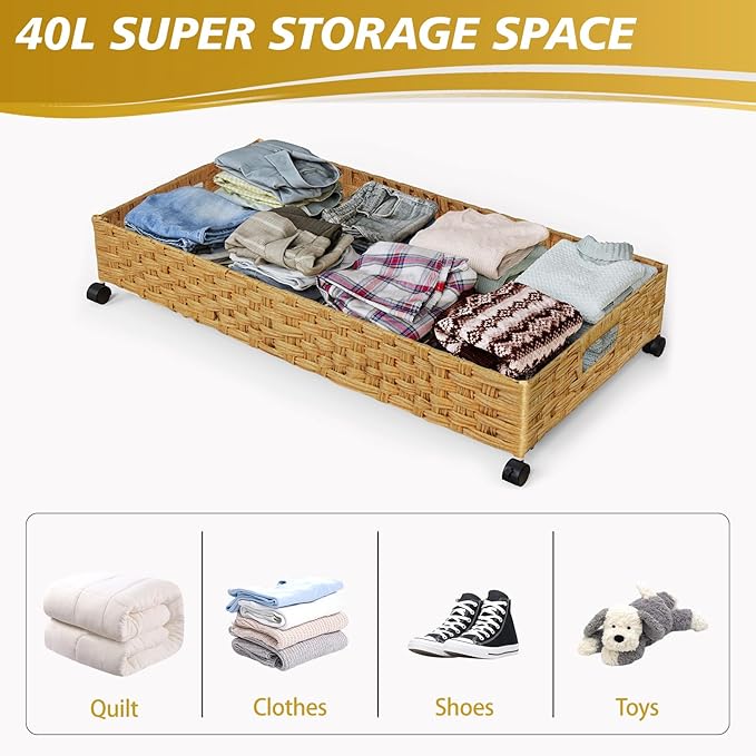 Under Bed Storage Containers with Wheels, 31.5in / 35L Handmade Rattan Underbed Organizer Drawer, Tool-free Assembly Rolling Under Bed Storage Bins for Shoes Clothes Toy Book