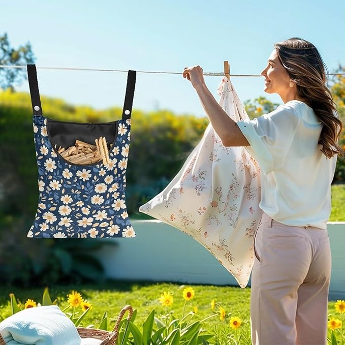 Clothes Pin Hanging Bag with Big Opening Storage Clothes Pins & Mini Clothespins, Hanging Laundry Bag Fits Retractable Clothes Line Outdoors - Daisy Print
