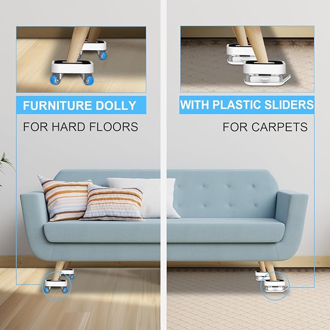 New Upgraded Furniture Sliders for Hard Floors & Carpets, 2-in-1 Furniture Movers with Wheels, Furniture Dolly for Moving Heavy Duty Sofa, Bed, Appliance, Load Capacity Up to 750lb