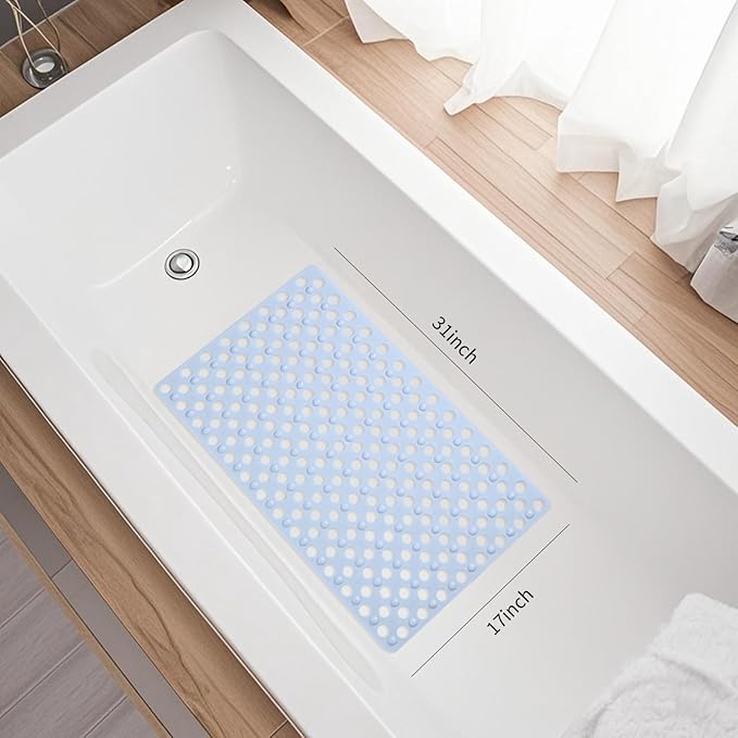 Non Slip Bathtub Mat and Shower Mat 31x17 inch,Bath Mat with Quick Dry Drain Holes and Suction Cups, Soft Comfortable Safe Bathroom Mat for Bath Tub, Floor, Tile (Light Blue)