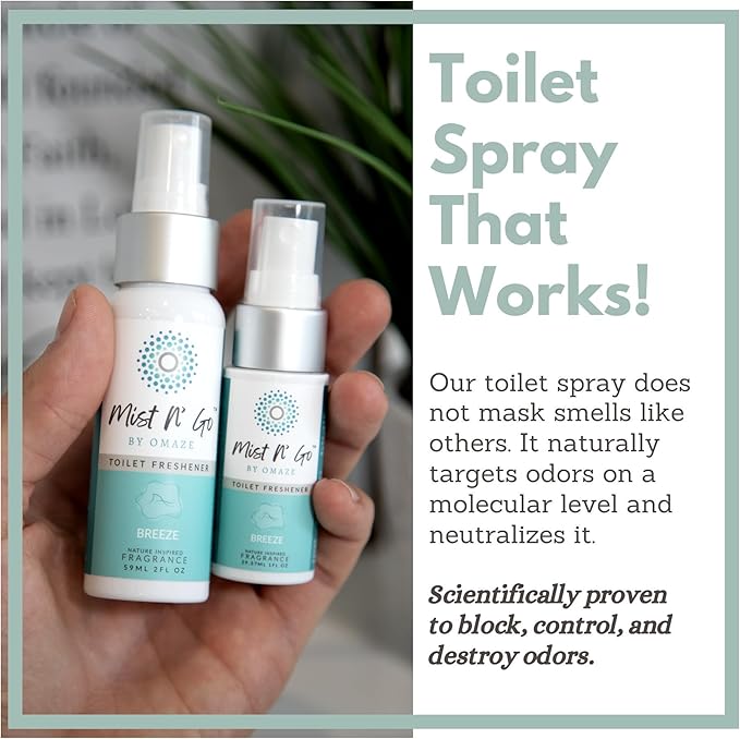 Mist N’ Go by Omaze Travel Bathroom Spray for Toilet Spray Odor Eliminator - Travel Toilet Spray for Bathroom Air Freshener Spray for Bathroom Deodorizer - Breeze Regular Size (2oz x2)