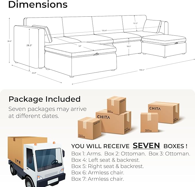 CHITA Oversized Modular Sectional Fabric Sofa Set, Extra Large U Shaped Couch with Reversible Chaise, 146 inch Width, 6 Seat Modular Sofa with Storage Ottamans, Grey