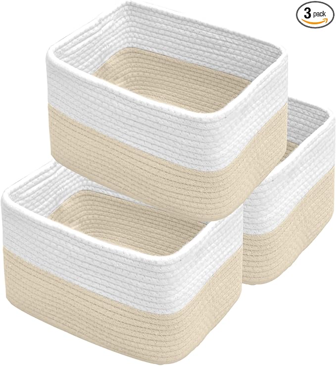 Hopegiver Woven Storage Baskets 11x8x7 Inch, 3 Pack Collapsible Cube Storage Bin for Shelves - Foldable Cotton Rope Organizer Bins for Towels, Toys, Books, Closet, Nursery (White Khaki)
