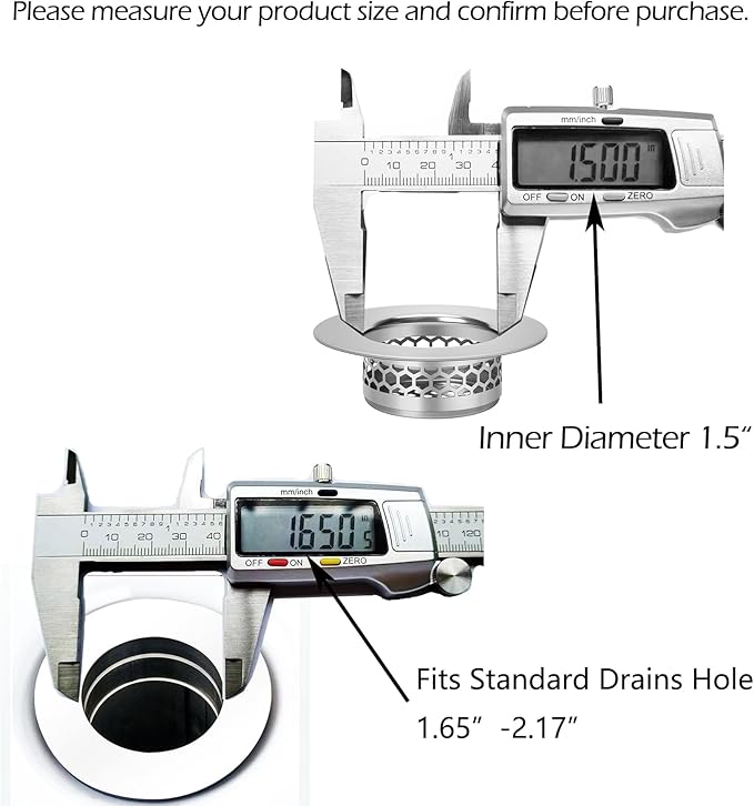 Hair Catcher Shower Drain Bathtub Lavatory Sink Drain Strainer for Laundry, Mop Pool, Utility, Slop, RV Sink, Stainless Steel Drain Filter。Fit Hole Size from 1.65-2.17" ，2Pack (1.5”)