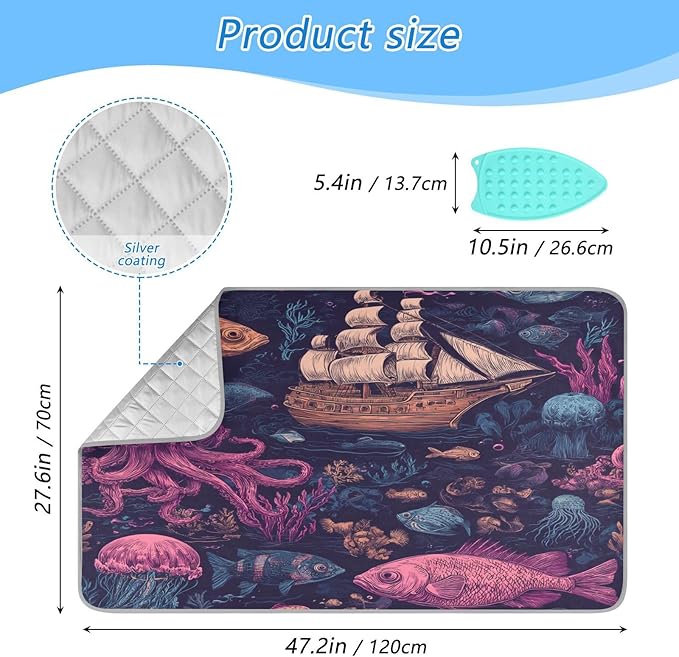 Red Blue Pirate Ship and Fish Ironing Mat Thickened Ironing Blanket Travel Portable Double-Side Using Ironing Pad Travel Isolate Heat Pad Cover for Washer Dryer Table Top Countertop 27.6x47.2in