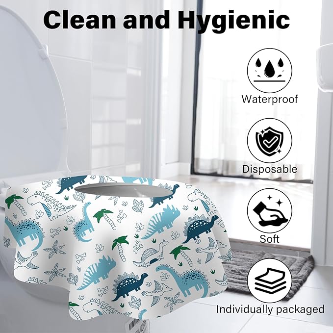 60 Pack Toilet Seat Covers Disposable, Extra Large Waterproof Toilet Cover for Toddlers & Adults, Individually Wrapped Travel Essential Portable Potty Training in Public Restrooms, Trip - Dinosaur