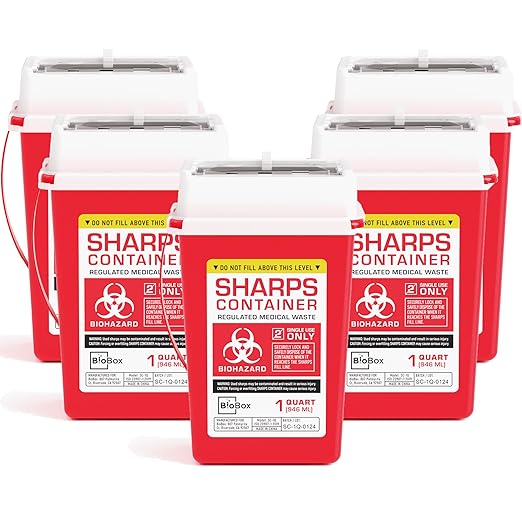 Sharps Container Large - Sharps Containers for Home Use and Labs - Portable Needle Disposal and Travel Size Biohazard Bin - 1 Quart (Pack of 5)