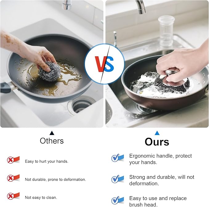 7PCS Steel Wool Scrubber Pads, Stainless Steel Scrubber Set with 1PCS Handle, Metal Scrubbers for Cleaning Kitchen and Household, Dishes, Stoves, Grill, Wash Sink, Pots