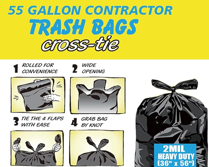 Contractor Heavy Duty Trash Bags 55 Gallon | 10 Count | 2 MIL | 36" X 56" | Large Black Flap Tie Construction Garbage Bags for Business Home Commercial, Industrial, Storage, Outdoor