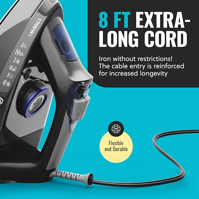 Pursteam Steam Iron for Clothes 1700W with Self-Cleaning Nonstick Stainless Steel Soleplate, Auto Shutoff, Anti-Drip