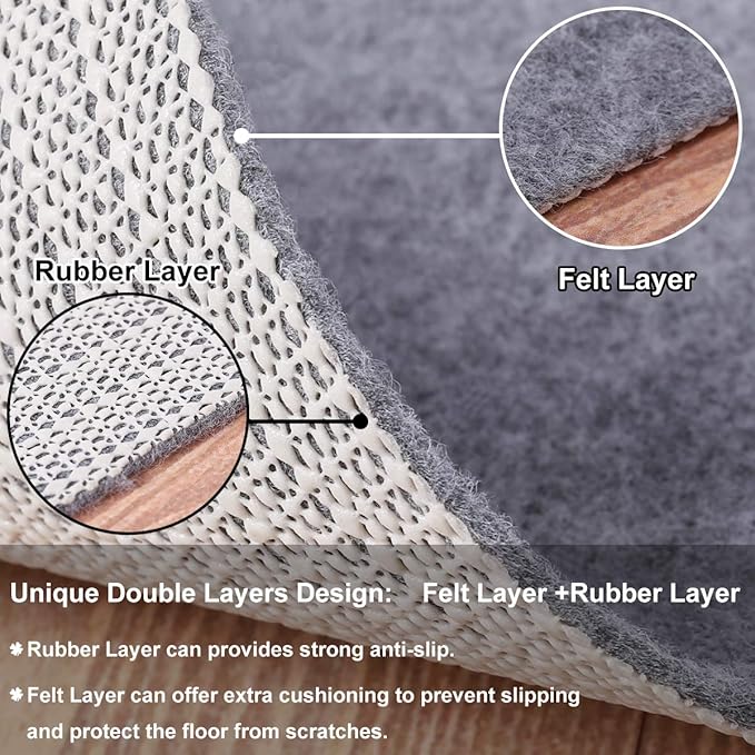 Non Slip Rug Pad Grippers - 5x6, 1/8" Thick, (Felt + Rubber) Double Layers Area Carpet Mat Tap, Provides Protection and Cushioning for Hardwood or Tile Floors