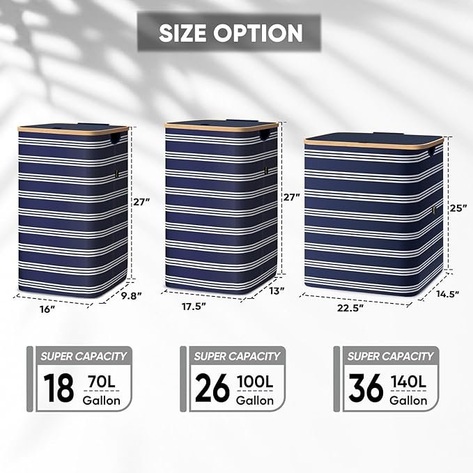 BALEINE Laundry Hamper with Lid, Tall Laundry Baskets with Bamboo Pull Handles, Large Laundry Bin with Internal Support (36 Gal/140L, Blue Pinstripe)