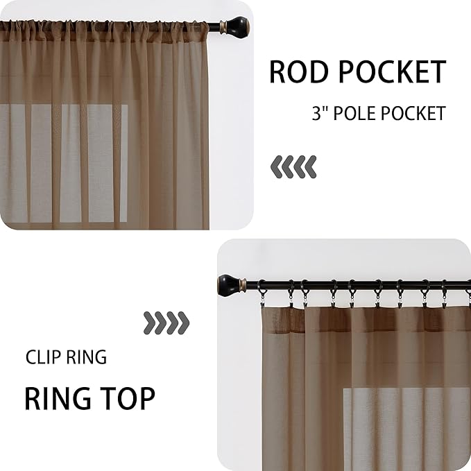 Tollpiz Short Sheer Door Curtains Closet Linen Textured Curtains Sheer Doorway Light Filtering Voile Patio Glass Doors Rod Pocket Curtain French Door, 54 x 40 inches Long, Brown, Set of 1 Panel