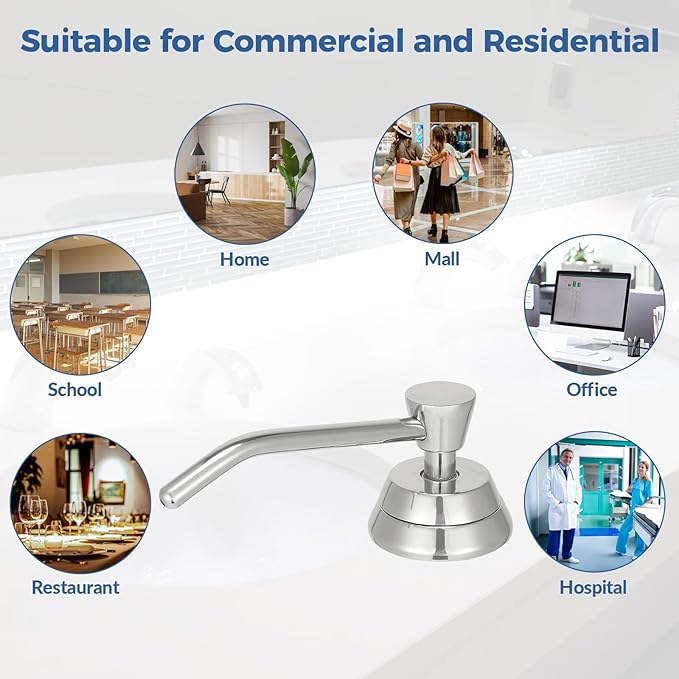 Heavy Duty Brass Countertop Liquid Soap Dispenser, Commercial Grade Top Fill Built-in Soap Dispenser with 34 oz/ 1L Bottle for Bathroom, Kitchen, Public Restroom, Chrome Finish, 4” Spout