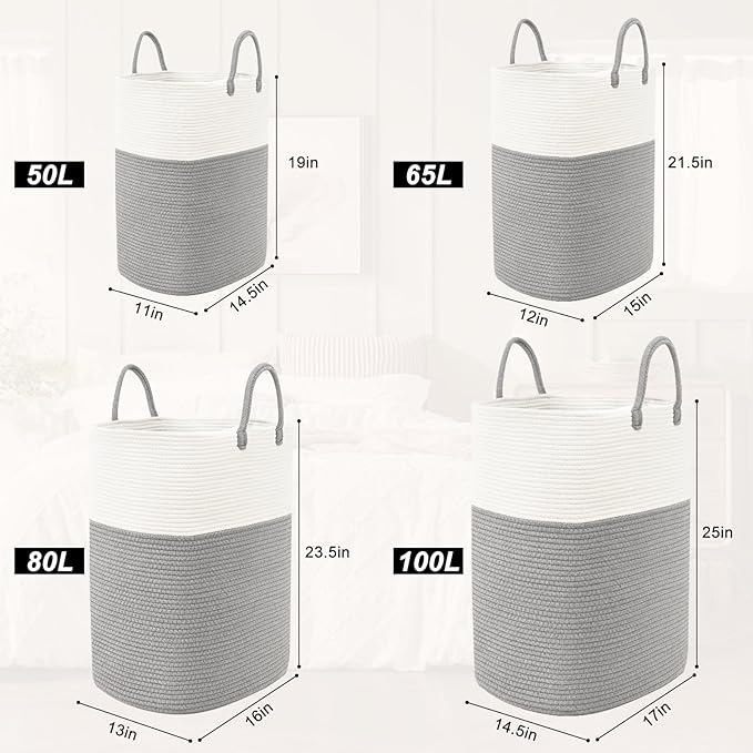 Woven Laundry Basket for Clothes, 100L Large Rectangle Laundry Hampers with Beads Tassel, Nursery Storage Basket for Toys, Tall Dirty Clothes Hamper for Bedroom Aesthetic, Laundry Room Organization