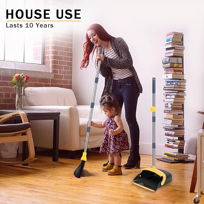 2-Pack is More economical，Upgraded Broom and Dustpan， with 52" Long Handle, Dustpan Teeth with self-Cleaning Function, Indoor and Outdoor Sweeping, Perfect for Home Office
