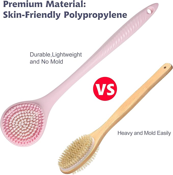 BEDELITE Back Bath Brush Long Handle for Shower - Soft Shower Brush for Men & Women,Back Brush Scrubber(16.4" Long), Skin Exfoliator for Bath Scrubber Body Brush(Pink)