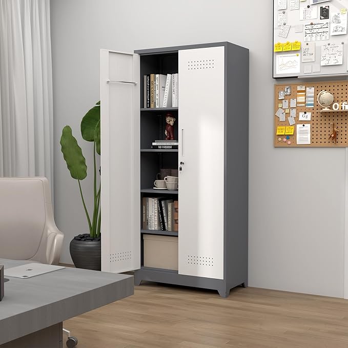 Broom Storage Cabinet, Metal Cabinet with Shelves and Hanging Rod, 72.8" Utility Cabinets with Locking Door, Tall Cleaning Storage for Kitchen, Pantry, Office, Shop, Garage