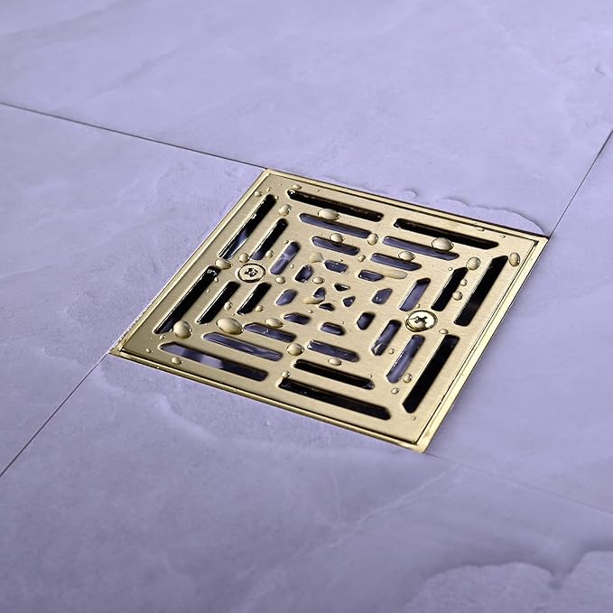 RANDOM Brushed Gold Shower Drain 4 inch Square Shower Drain with Adjustable PVC Base Flange,SUS304 Stainless Steel Shower Floor Drain with Removable Cover Grid Grate