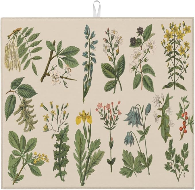 Vintage Color Plants Herbs Floral Microfiber Dish Drying Mat For Kitchen Countertop Absorbent Reversible Drainer Rack Pad 18 X 16 Inch