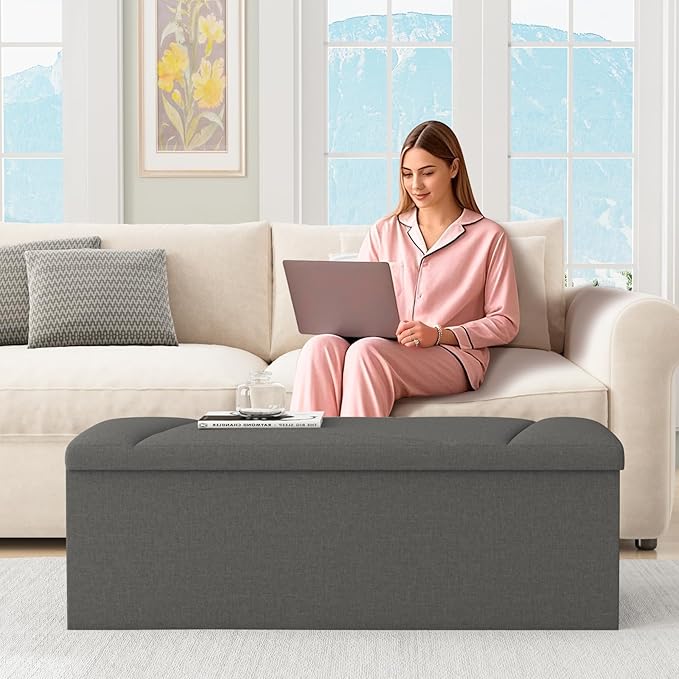 Ottoman with Storage, 43 Inches Folding Storage Ottoman Bench for Bedroom, End of Bed Bench, Entryway and Living Room, 43"x15"x15",Dark Gray