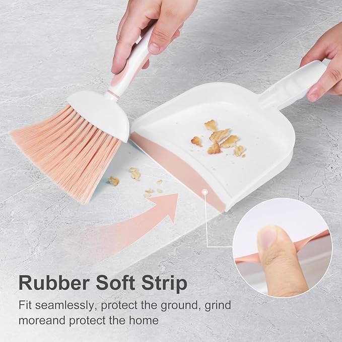 NACENA Small Dust Pan and Brush Set, Mini Broom and Dustpan Set Small Hand Broom and Brush Combo Dust Pan with Teeth for Home Cleaning Drawers Desktop Sofas Pet Care and Outdoor, Pink