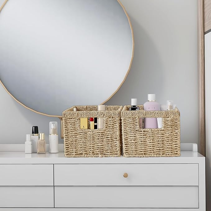 Seagrass Wicker Basket, Decorative Woven Baskets with Built-in Handles, Hand-woven Storage Organizer for Organizing Pantry, Shelves, Laundry, Livingroom, Bedroom, Toilet(2-PACK, Natural)