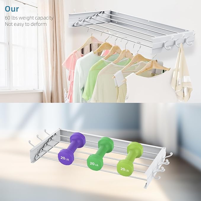 Laundry Drying Rack, Collapsible Wall Mounted Clothes Drying Rack - Foldable,Space Saving, 13.2 Linear Ft, 5 Aluminum Rods, 60 lb Capacity (White, 40" Wide)