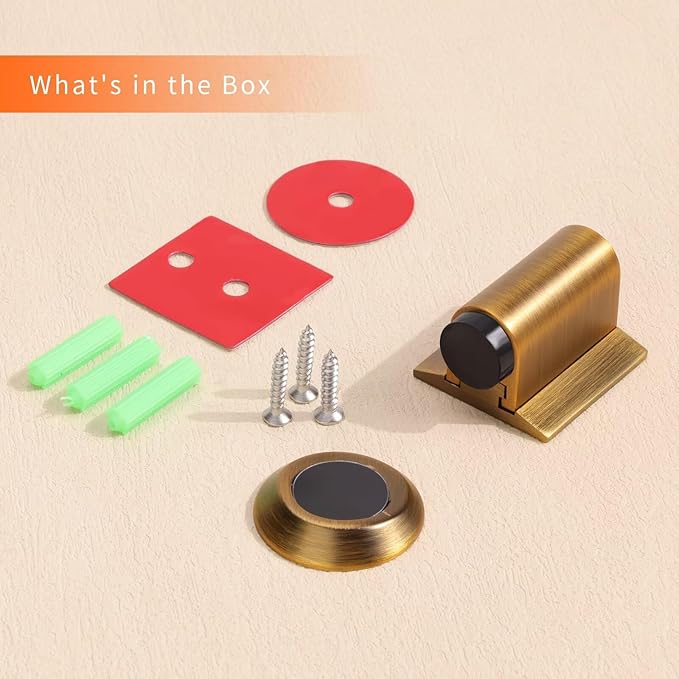 Bak Bo Magnetic Door Stoppers 2 Pack Bottom of Door Holder Keep Door Open No Drilling Magnet Floor Door Stop with Screws and Adhesive Antique Brass DS268AB-2