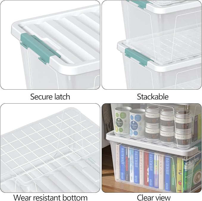 Zopnny 6-Pack 35 Quart Plastic Latch Storage Box with Lid, Stackable Latching Storage Bin, Clear
