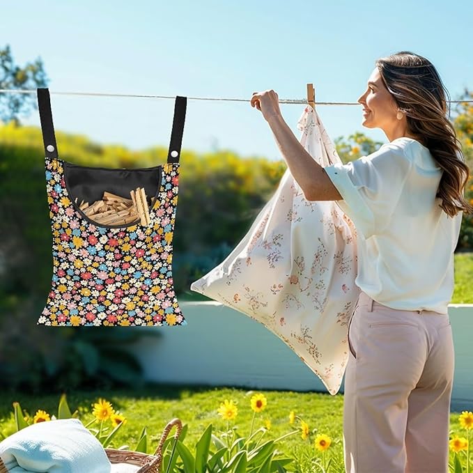 Clothes Pin Hanging Bag, Large Capacity Clothespin Bag with A Large Opening, Clothes Pin Hanging Bag Space-Saving Organize for Clothesline Outdoor - Hippie Flower Pattern