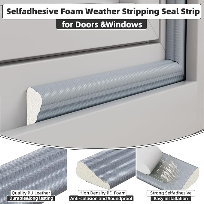 9.8 Ft Weather Stripping Seal Strip for Doors/Windows,Soundproofing Window Insulation Draft Stopper for Winter, Selfadhesive Foam Weather Strip for Door Frame,Door Gap Filler Noise Blocker(Gray)