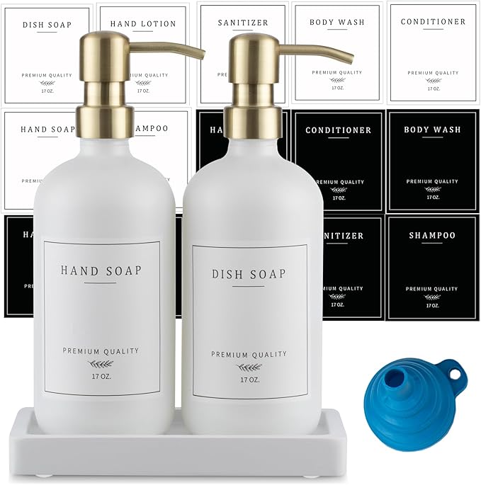 Thick Glass Soap Dispenser - Kitchen Dish Hand Soap Dispenser Set,Rustproof Pump Soap Lotion Dispenser Bathroom with Tray,14 Stickers for Kitchen Decor White Bottle/Gold Pump