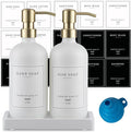 Thick Glass Soap Dispenser - Kitchen Dish Hand Soap Dispenser Set,Rustproof Pump Soap Lotion Dispenser Bathroom with Tray,14 Stickers for Kitchen Decor White Bottle/Gold Pump