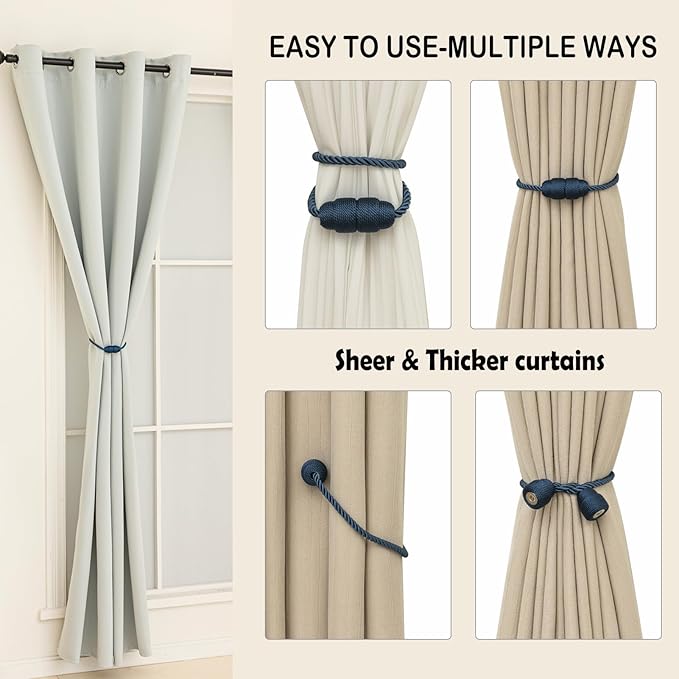 Magnetic Curtain Tiebacks Rope Curtain Tie Backs for Curtains 8 Pack Curtain Holders for Drapes Decorative Window Curtain Holdbacks, Blue
