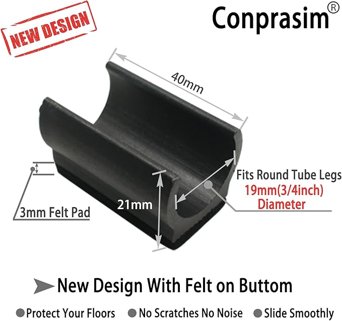 Rectangle U Shaped Chair Leg Tips Caps with Felt Pads,Furniture Feet Protectors Slide Smoothly Glides No Scratches No Noise Protect Hardwood Floors, Fit 19mm(3/4inch) Diameter Tubular Leg (Black 8PCS)